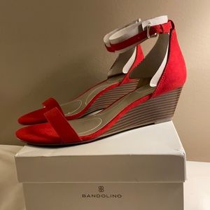 Red fabric wedge sandals